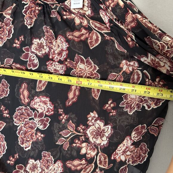 NY&Co Sheer Floral Blouse Medium Front Back Tie Neck  Fall Tones Ruched Sleeves - Picture 6 of 15